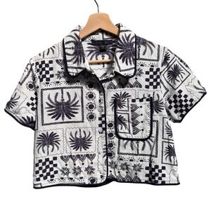 Tullea Palm Tree Linen Blend Crop Button Up Shirt S Boho Coastal Tropical Resort